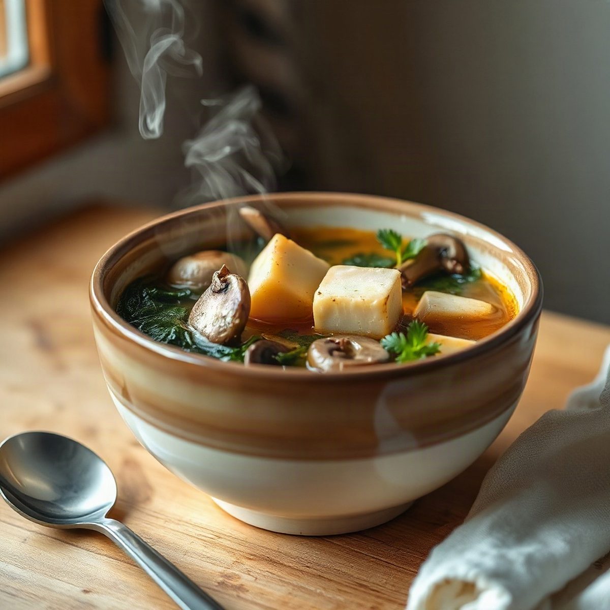 Soupe-repas au tofu soyeux, épinards et champignons