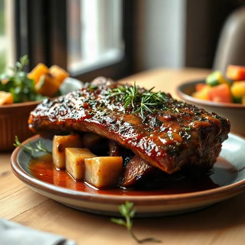 Côtes levées d'épaule de porc braisées à l'érable et au romarin