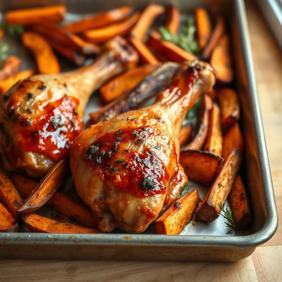 Smoked Paprika Roasted Chicken Drumsticks with Sweet Potato Fries