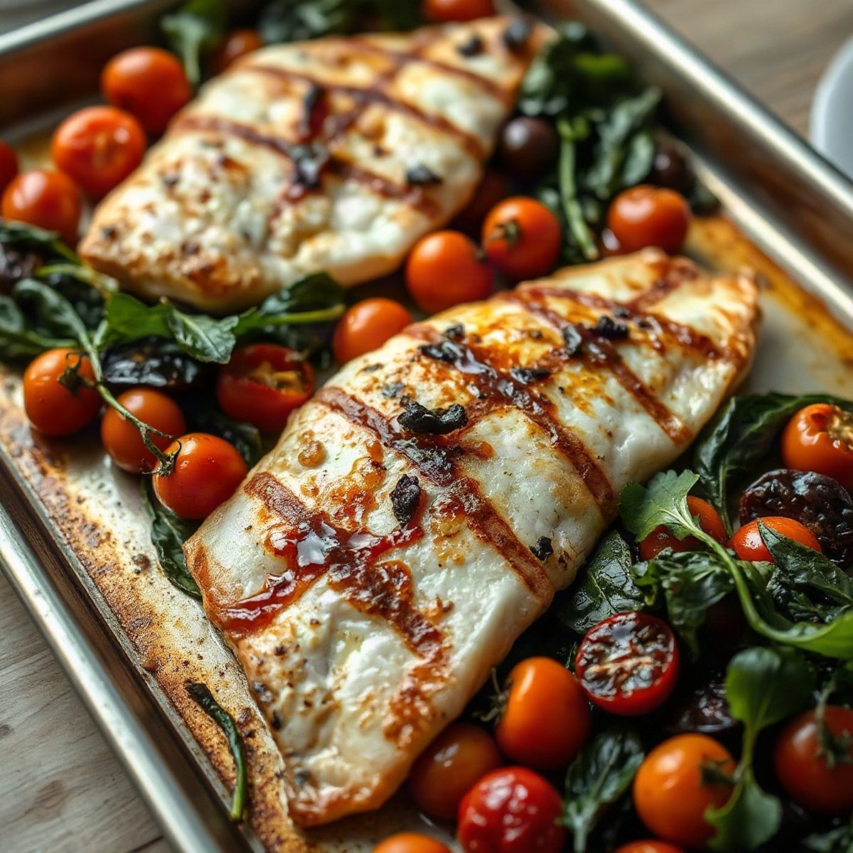 Merlan poêlé, tomates cerises rôties et épinards à l'ail
