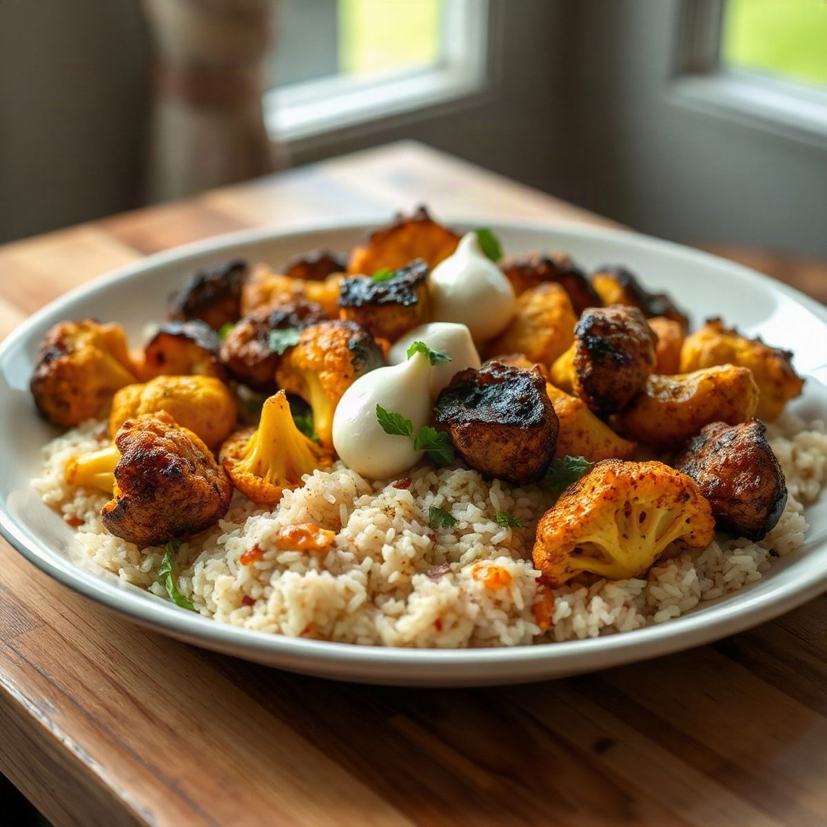 Curry-Roasted Cauliflower with Melting Bocconcini and Lemony Rice
