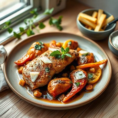 Poêlée de poulet aux poivrons et fromage Oka raclette