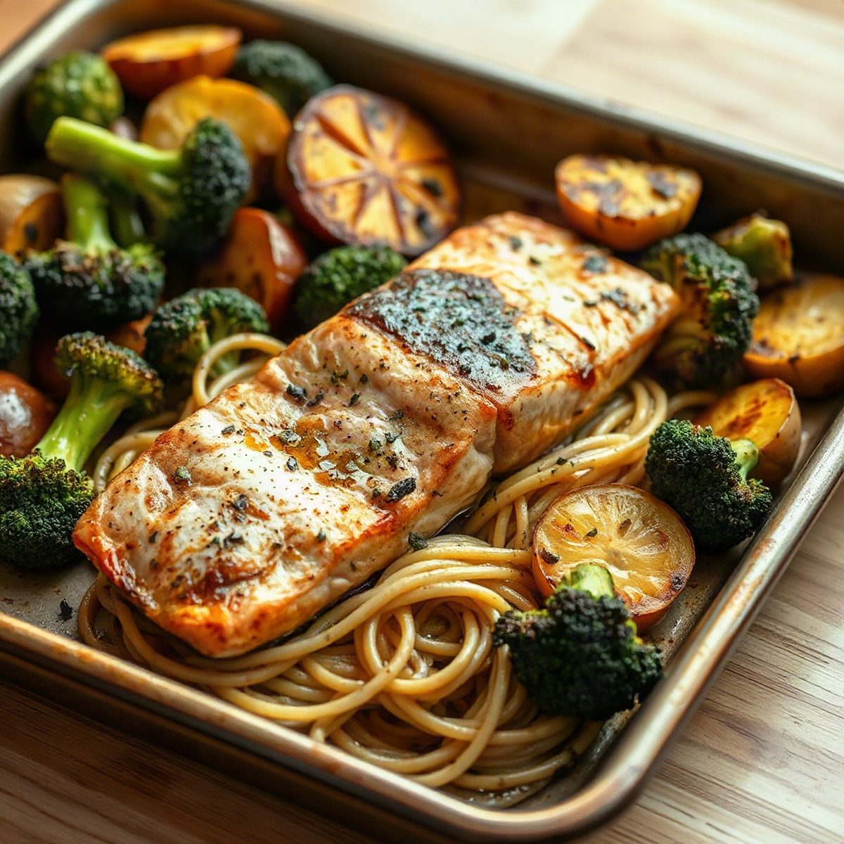 Roasted Salmon with Spaghetti Squash and Roasted Broccoli