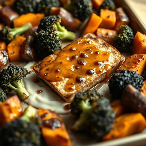 Tofu croustillant glacé au miel, courge butternut rôtie et brocoli
