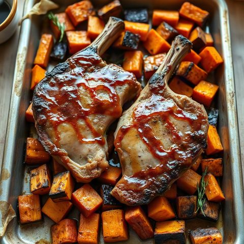 Côtelettes de porc à l'érable, courge butternut et carottes rôties