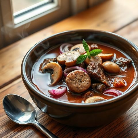 Ragoût de bœuf aux champignons et aux oignons rouges
