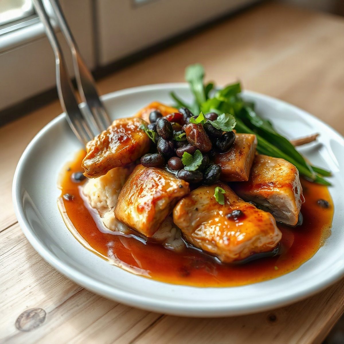 Braised chicken with black beans and choi sum