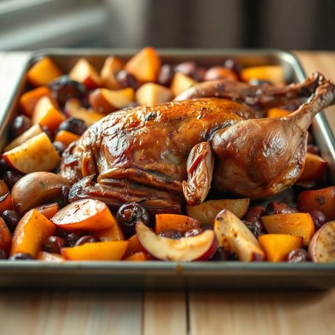 Canard rôti aux patates douces, courge et pommes