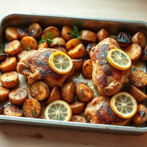 Cuisses de poulet rôties au citron et pommes de terre