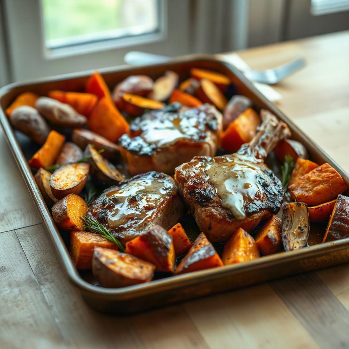 Honey-Mustard Pork Chops with Roasted Sweet Potatoes