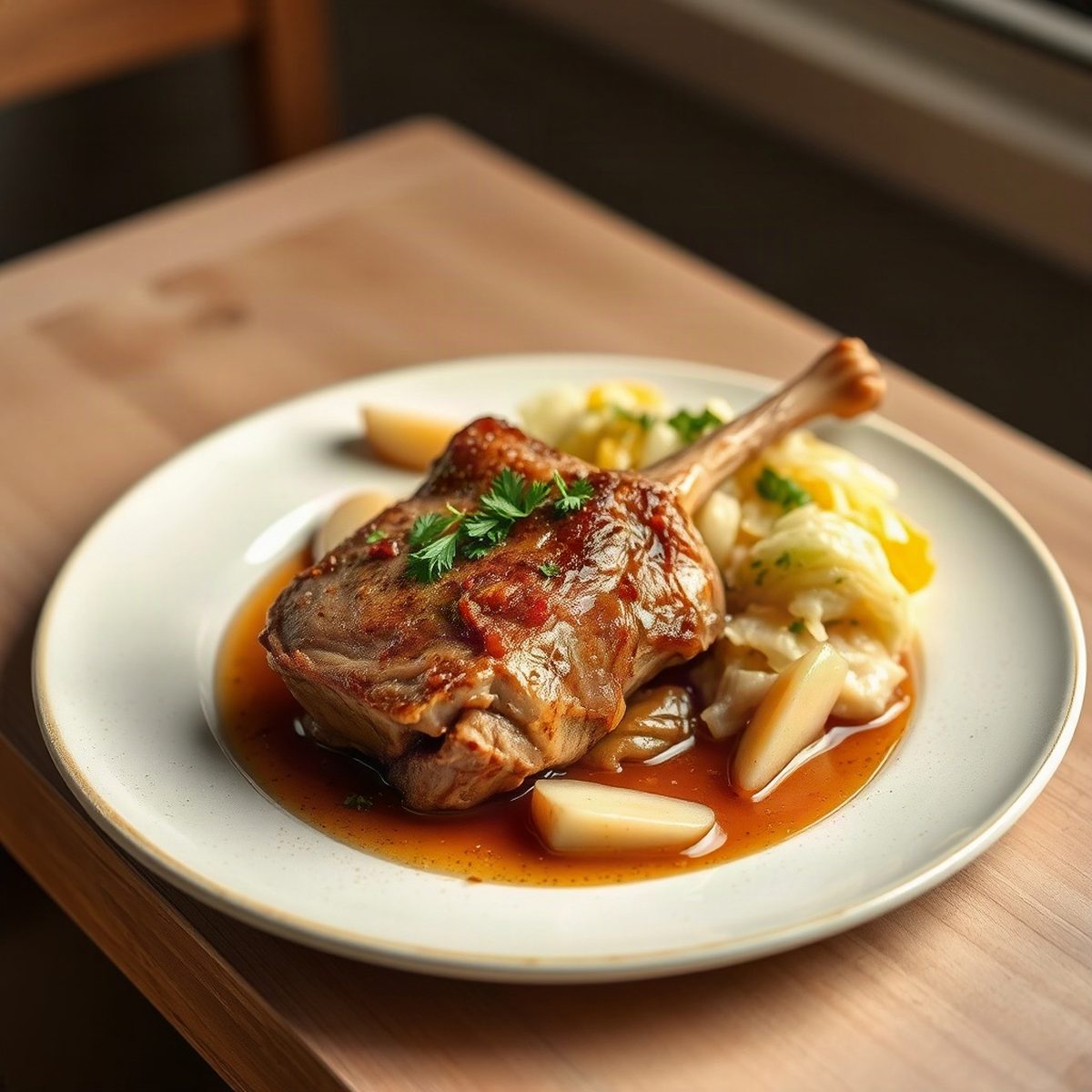 Jarret de porc braisé à l'érable et à la moutarde, chou et pommes