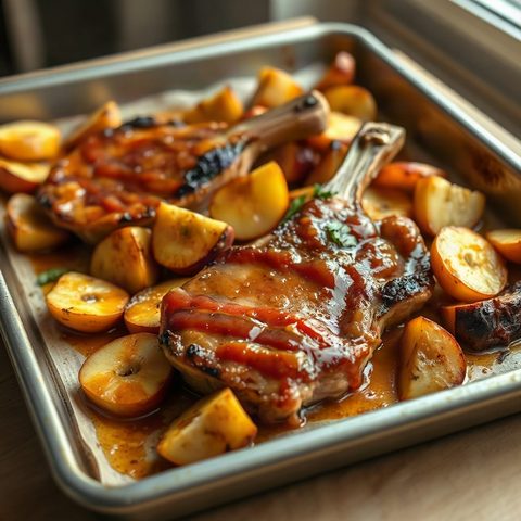 Côtelettes de porc glacées à l'érable et pommes rôties