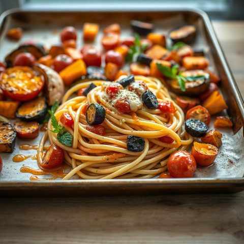 Pâtes au coulis de tomates et courge butternut rôtie