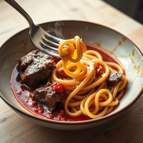 Jarret de bœuf braisé au coulis de tomates et pâtes