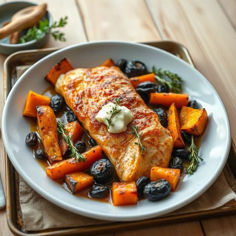 Pangasius doré au beurre et thym, courge butternut rôtie
