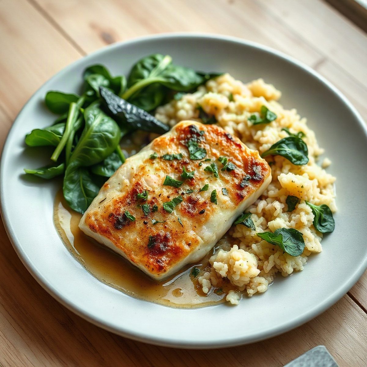 Pan-Seared Pilaquy with Garlic Spinach and Lemon Rice