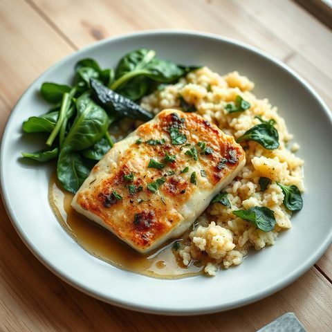 Pilaquy poêlé, épinards à l'ail et riz citronné