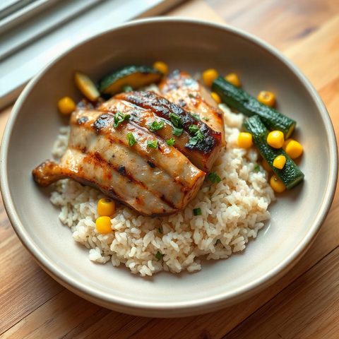 Sauté de porc asiatique, courgettes et maïs sur riz arborio