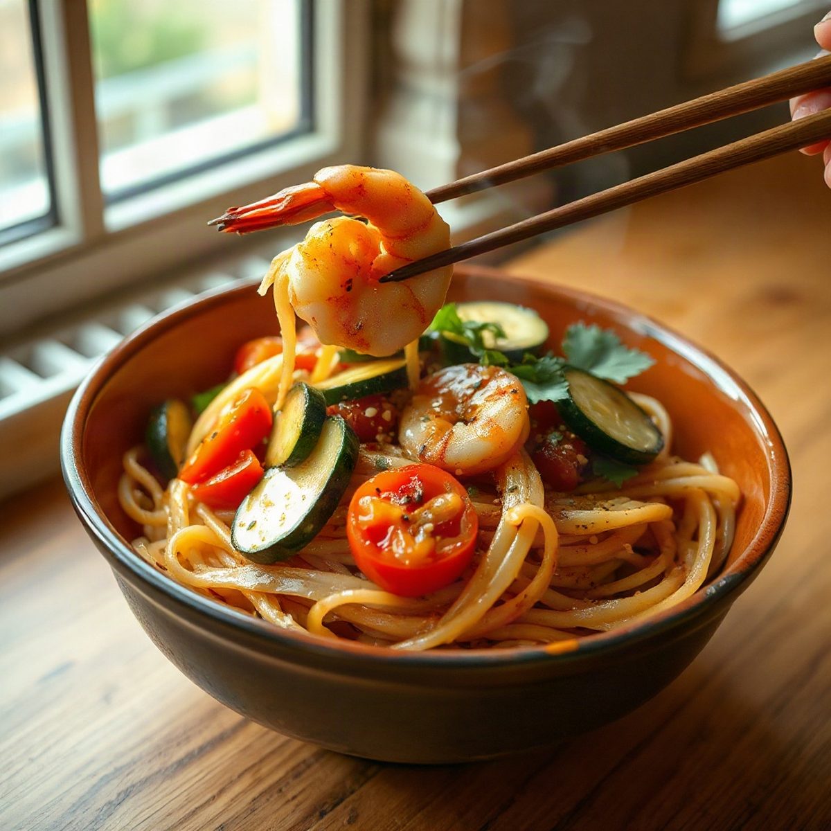 Pan-Seared Shrimp with Tomato and Zucchini over Vermicelli