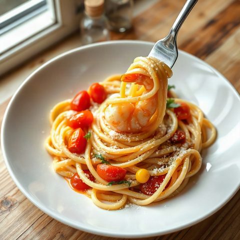 Crevettes à l'ail et tomates fraîches sur pâtes