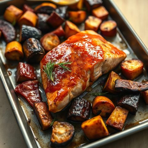 Saumon glacé à l'érable et légumes rôtis