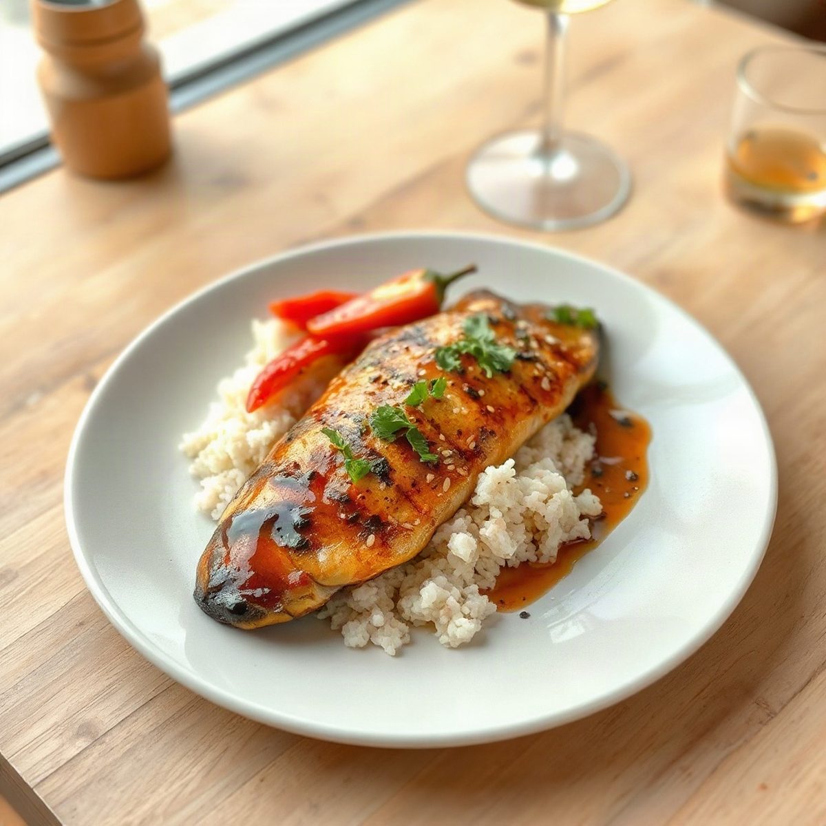 Sesame-Glazed Pangasius with Rice and Peppers