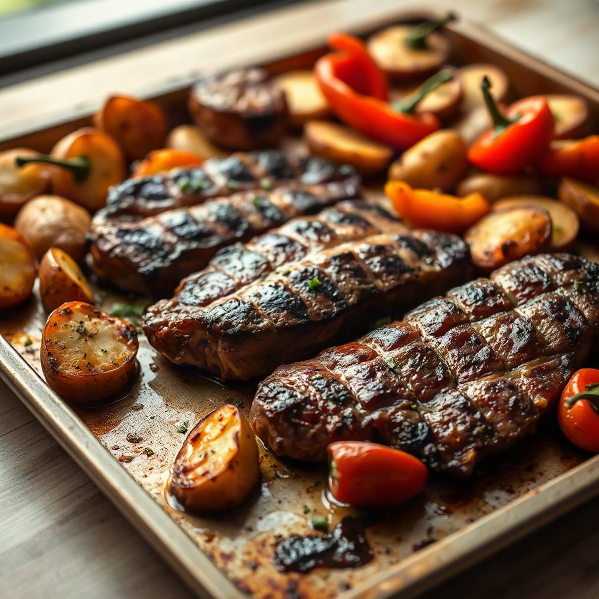 Grilled Bavette Steak with Peppers and Roasted Potatoes