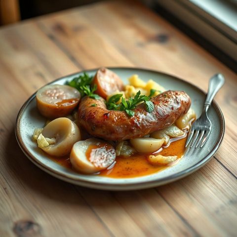 Cocotte de saucisses fumées, chou vert et pommes de terre