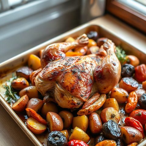 Poulet rôti au miel et paprika avec poivrons et pommes de terre