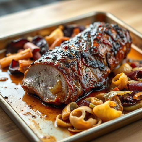 Rôti de longe de porc glacé à l'érable et moutarde, chou braisé