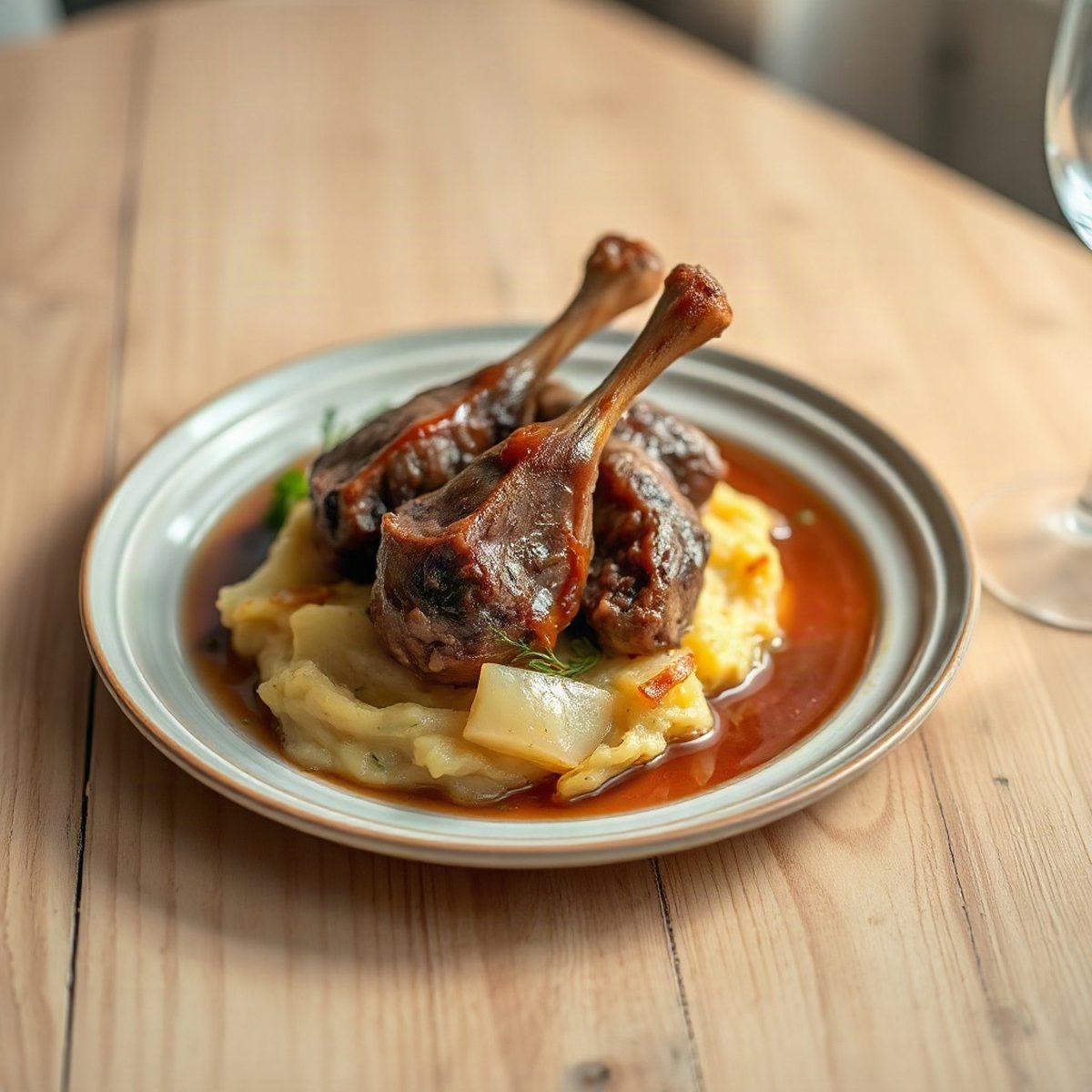 Cuisses de canard confites, écrasé de rutabaga et pommes de terre