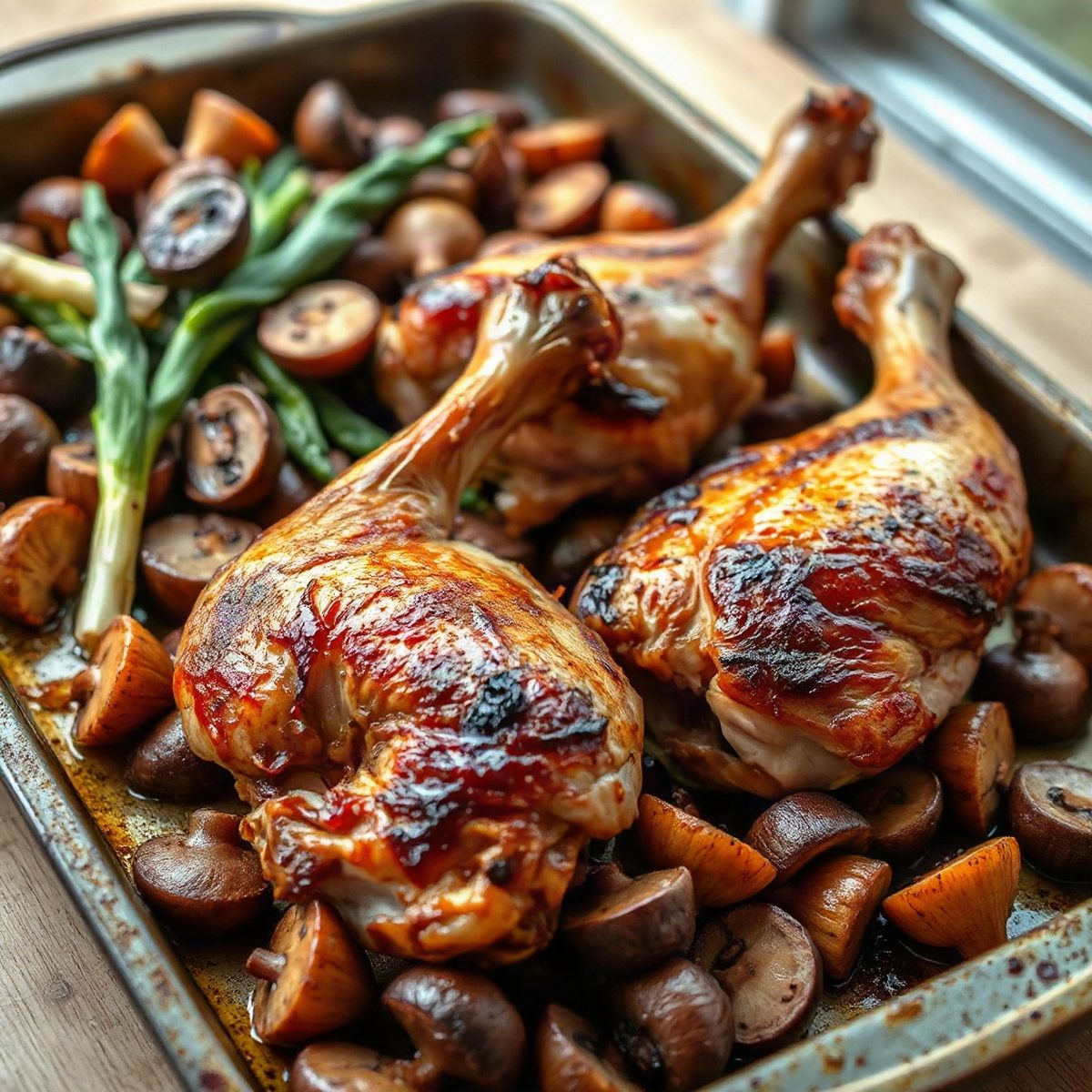 Roasted chicken drumsticks with leeks and mushrooms
