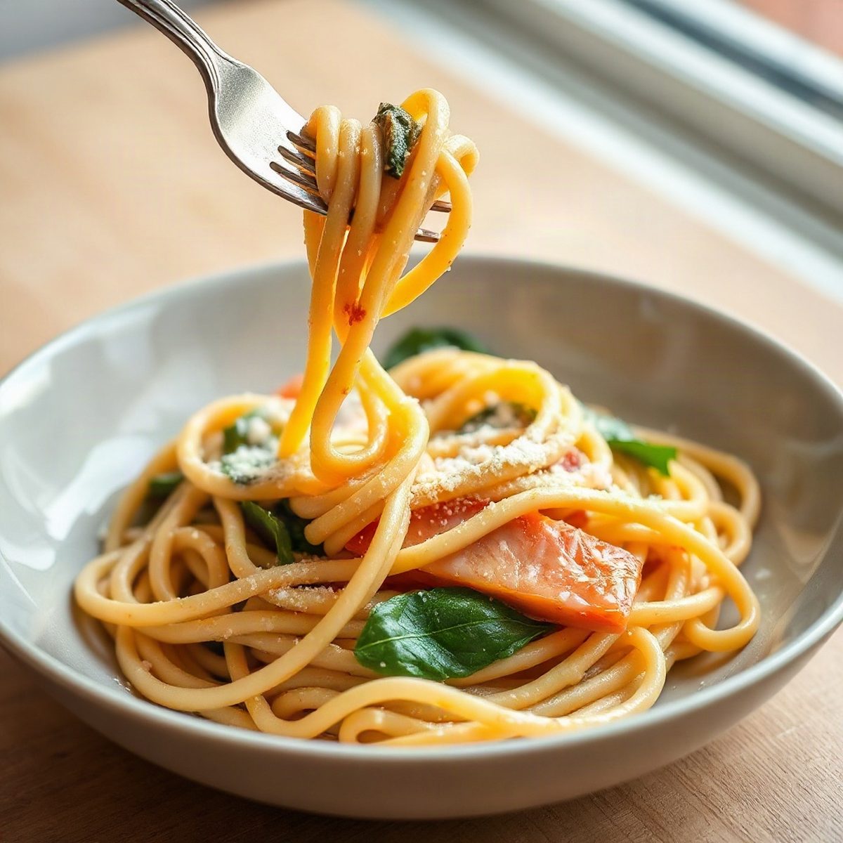 Creamy smoked salmon and spinach pasta