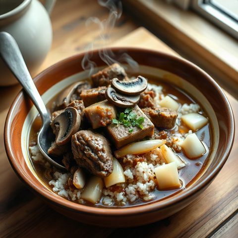 Veau haché mijoté aux poireaux et champignons sur riz jasmin