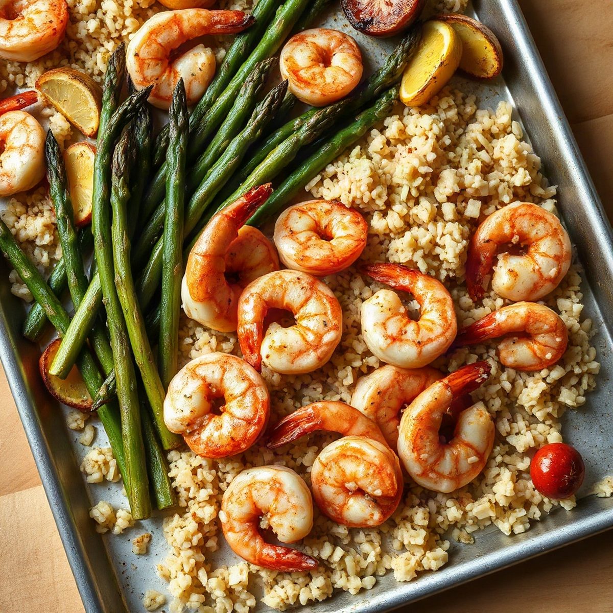 Crevettes sautées à l'ail, asperges rôties et riz au citron