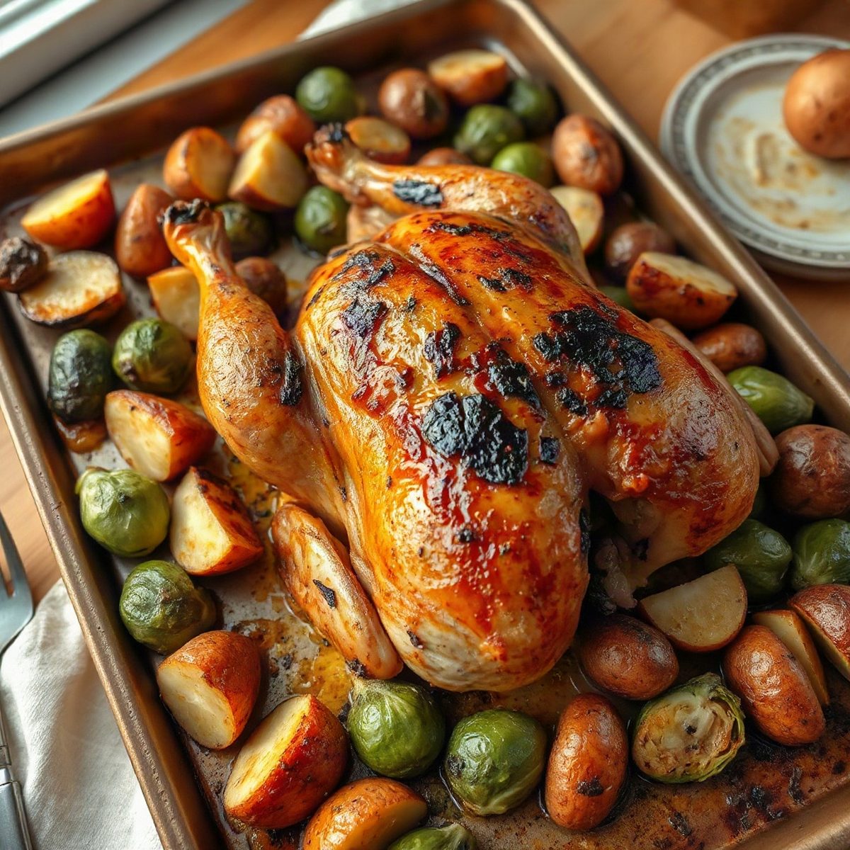 Whole Roasted Chicken with Brussels Sprouts and Potatoes