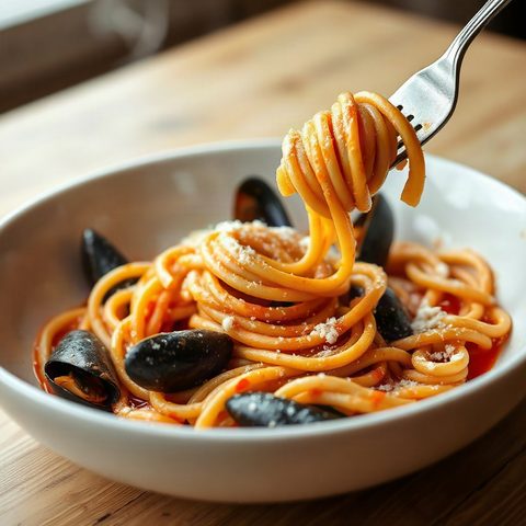 Moules à la tomate et à la crème, pâtes fraîches