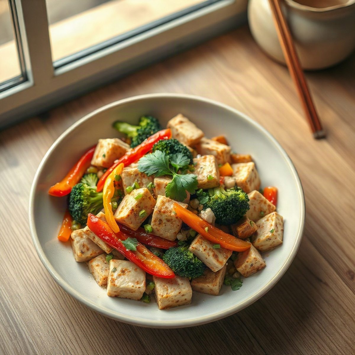 Asian Stir-Fried Tofu with Broccoli and Bell Pepper