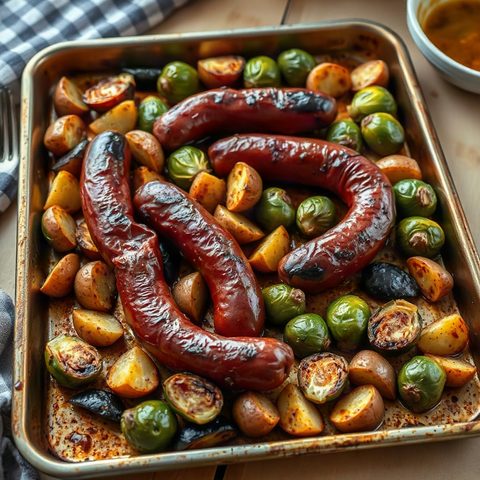 Feuillet de saucisses européennes, pommes de terre et choux de Bruxelles