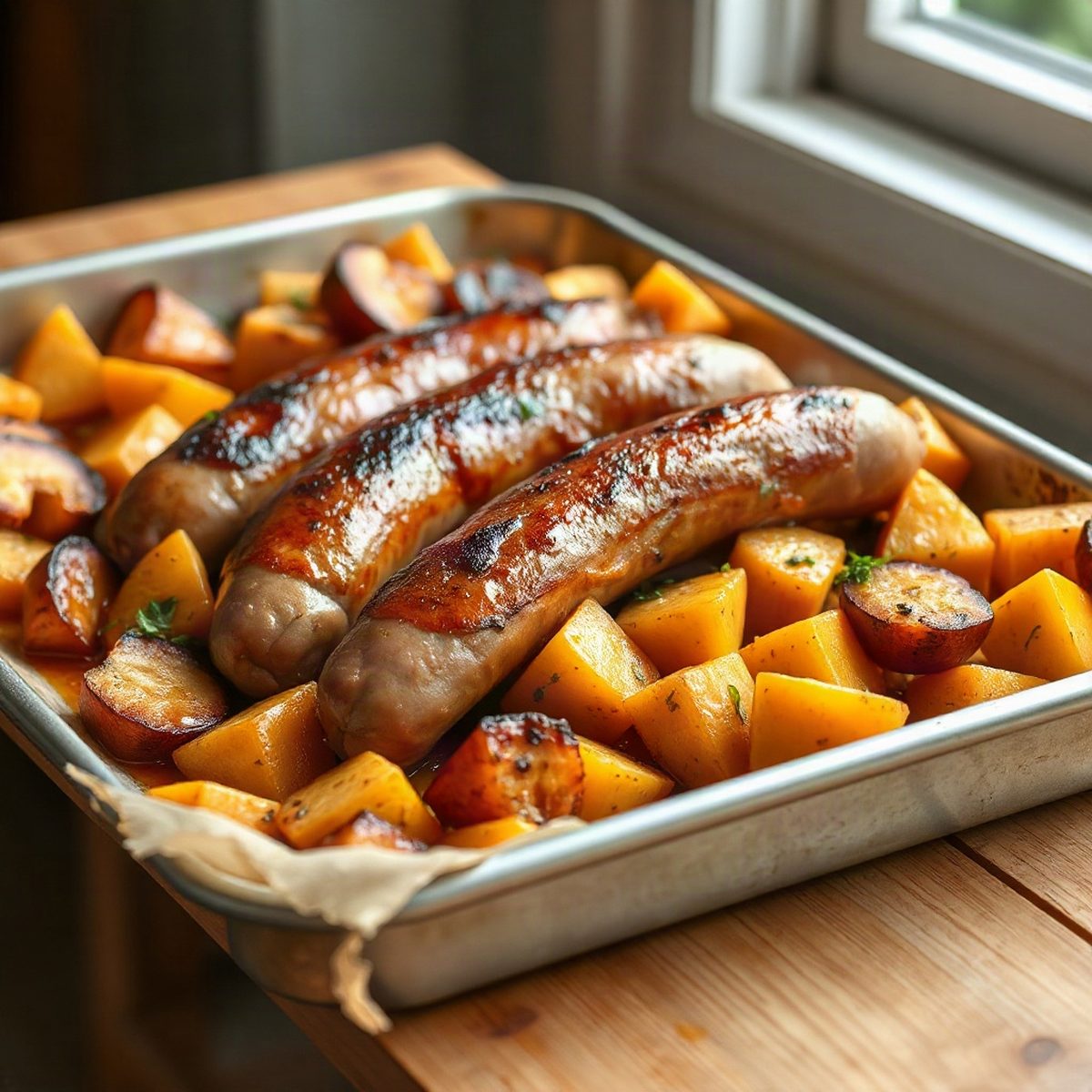 Roasted European Sausages with Squash and Caramelized Apples