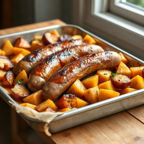 Saucisses européennes rôties, courge et pommes caramélisées