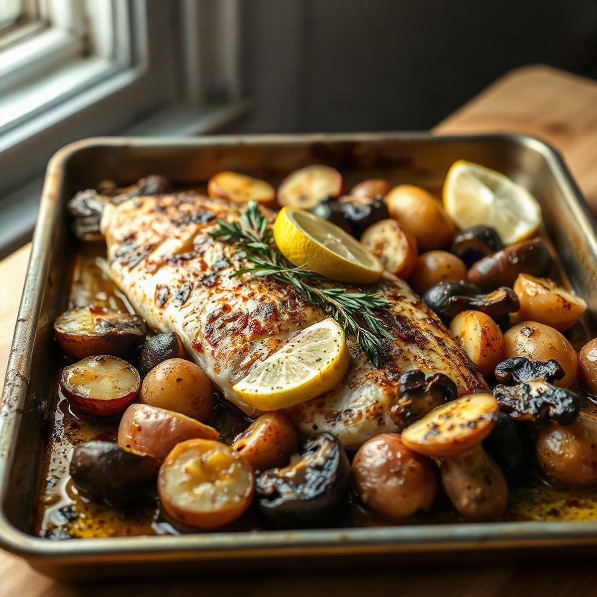 Goberge rôti au beurre citronné, pommes de terre et champignons