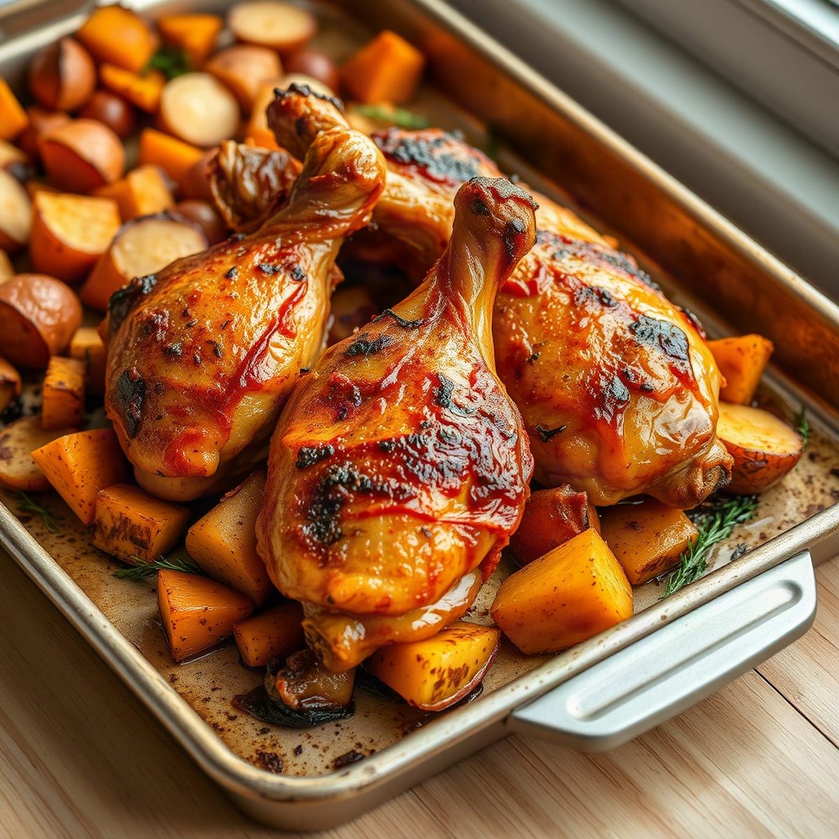 Drumsticks rôties au paprika, courge butternut et pommes de terre