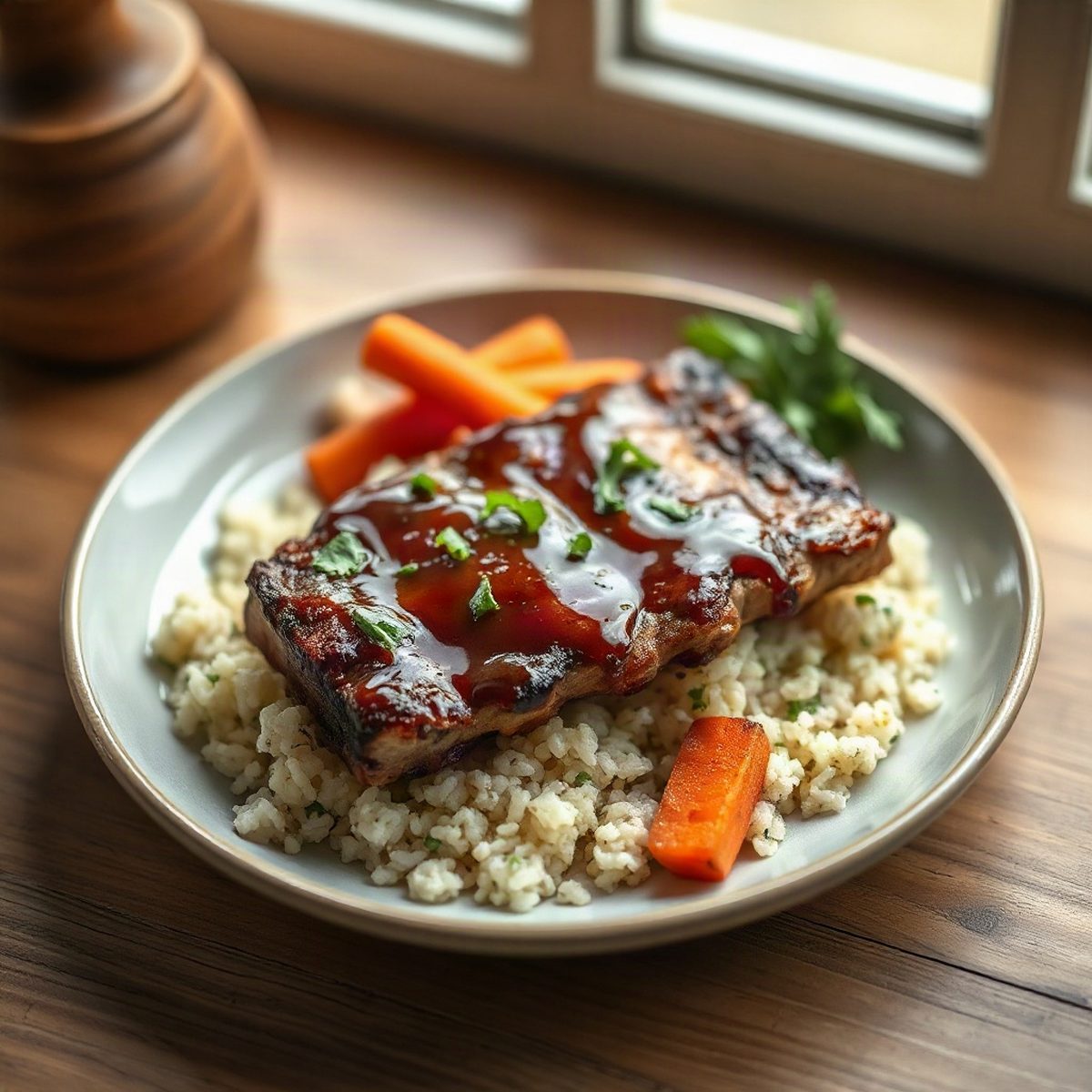 Côtes levées de porc laquées à l'érable, riz et carottes
