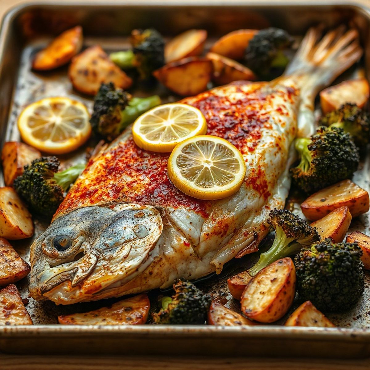 Roasted Whole Tilapia with Lemon and Paprika, Roasted Broccoli