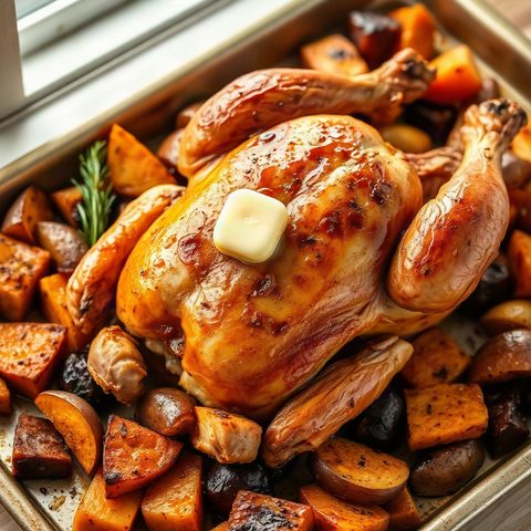 Poulet rôti entier au beurre, courge butternut et pommes de terre