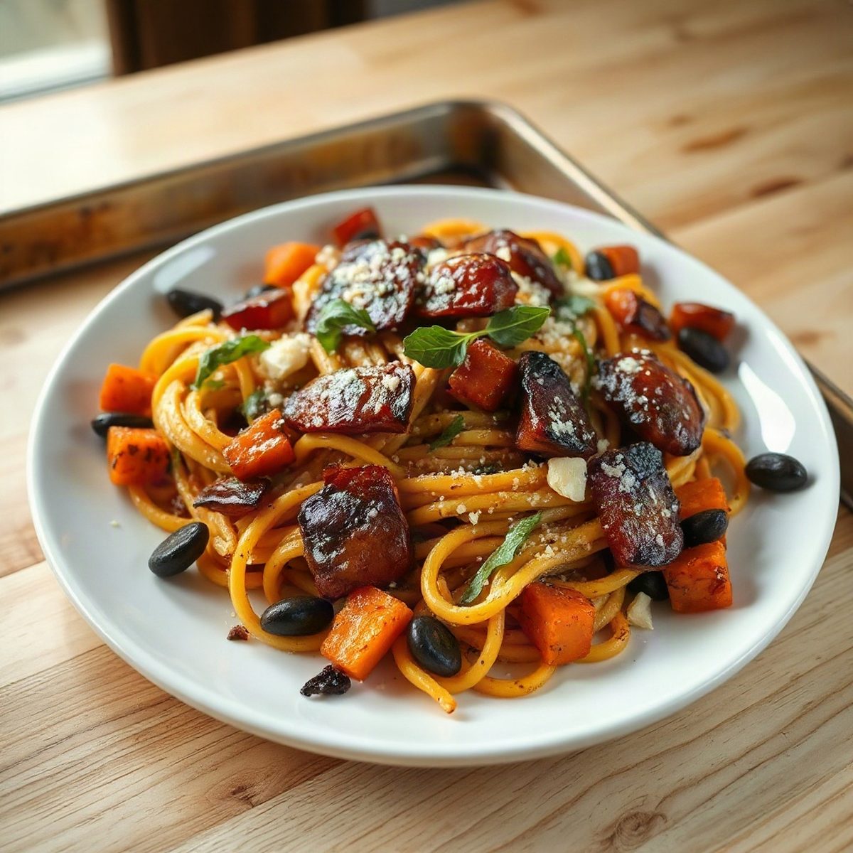 Smoked bacon and roasted butternut squash pasta