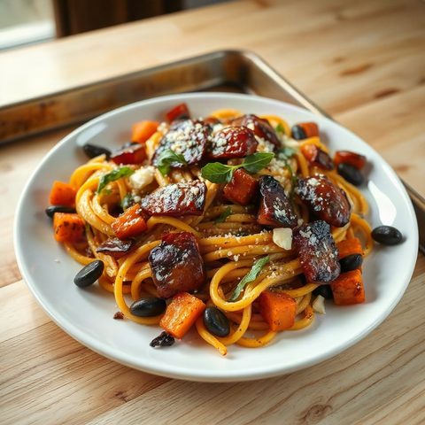 Pâtes au bacon fumé et courge butternut rôtie