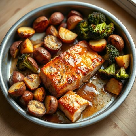 Saumon rôti, pommes de terre nouvelles et brocoli