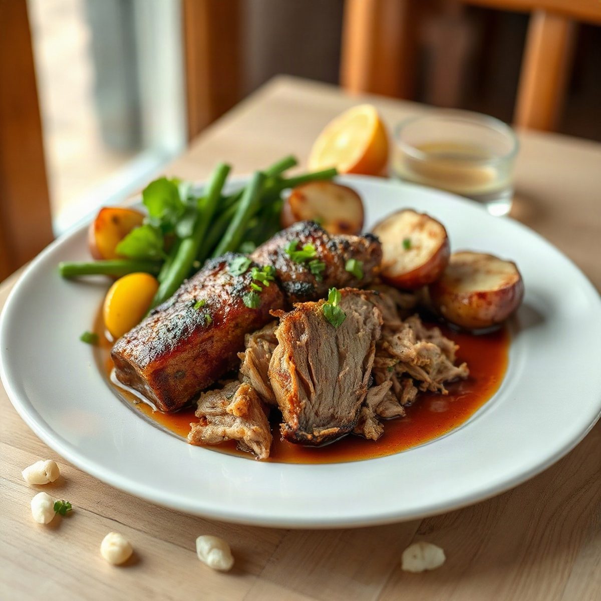 Smoky pulled pork with new potatoes